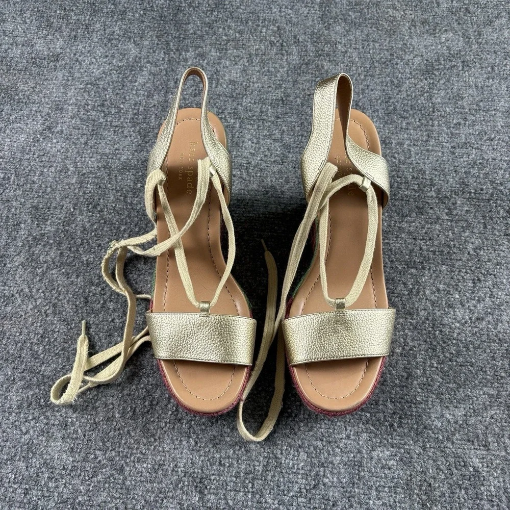 Kate Spade Gold Espadrille Wedge Sandals Women's 9M Lace Up Rainbow Boho 5